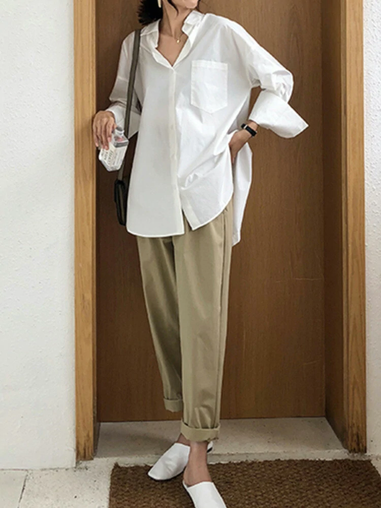 (image for) Plus Size Women Long Sleeve Button Solid Color Casual Shirts