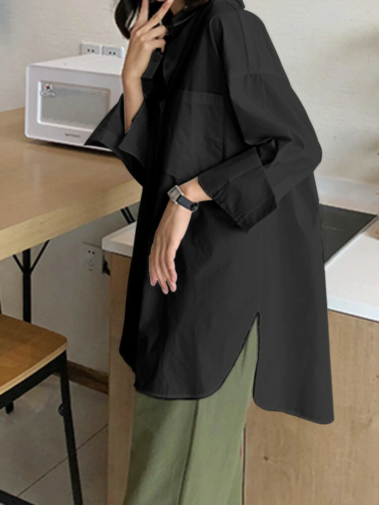 (image for) Plus Size Women Long Sleeve Button Solid Color Casual Shirts