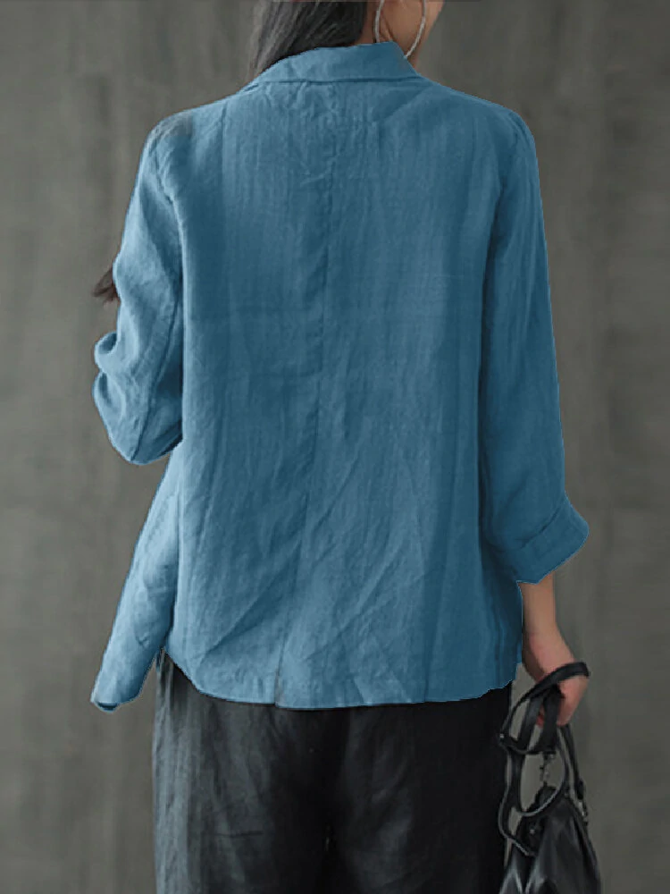 (image for) Women 100% Cotton Solid Color Button Front Business Thin All-Match Blazer With Pocket