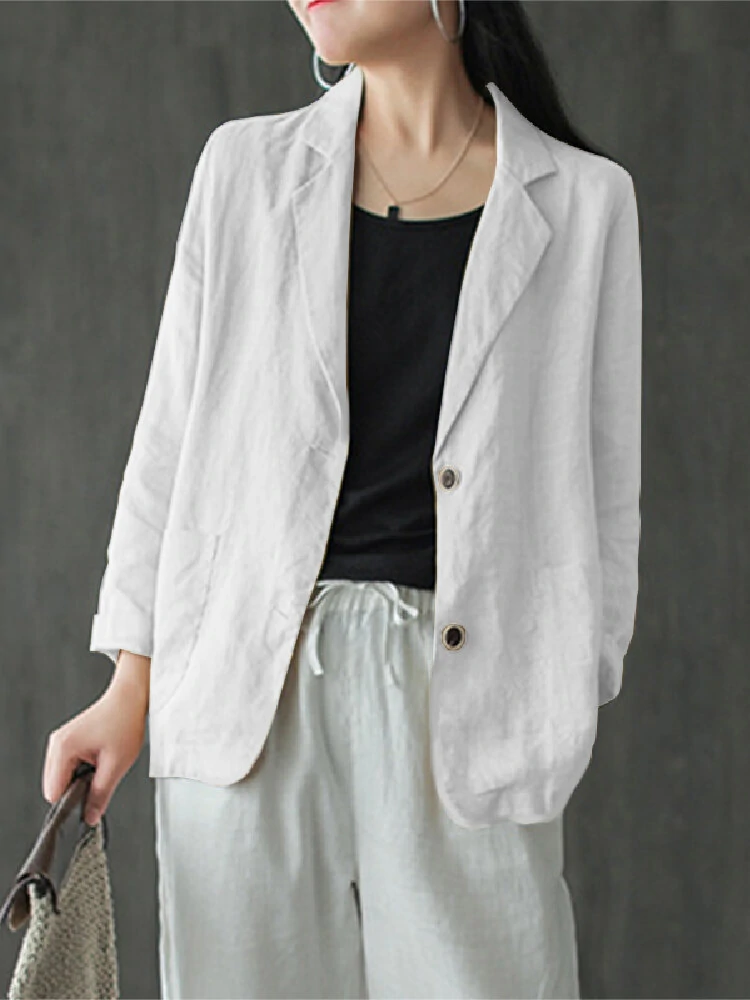 (image for) Women 100% Cotton Solid Color Button Front Business Thin All-Match Blazer With Pocket