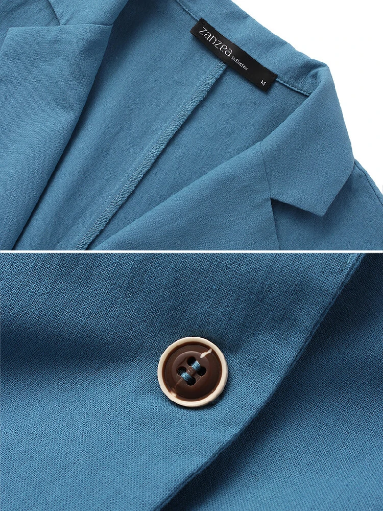 (image for) Women 100% Cotton Solid Color Button Front Business Thin All-Match Blazer With Pocket