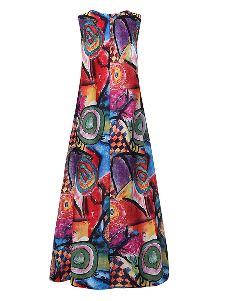 (image for) ZANZEA Plus Size Women Long Dress Retro O-neck Abstracted Print Sleeveless Beach Maxi Dress with Pockets