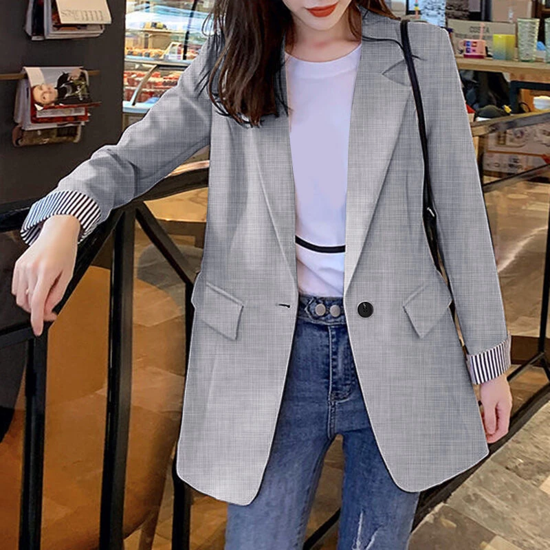 (image for) ZANZEA Plus Size Women's Stripe Panel Long Sleeve Button Front Lapel Blazer with No Pockets