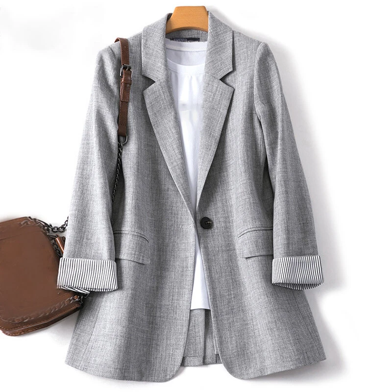 (image for) ZANZEA Plus Size Women's Stripe Panel Long Sleeve Button Front Lapel Blazer with No Pockets