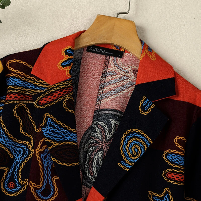 (image for) ZANZEA Womens Ethnic Prints Blazer Vacation Thin Suit Coat Retro Lapel Cotton Linen Printing Long Sleeve Blazer
